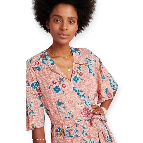 Anthropologie Maeve Adelaide Pink Wrap Midi Dress Short Sleeve Floral Small - Picture 9 of 16